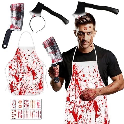 Disfraz de Carnicero HalloweeN,Delantal Ensangrentado,Diadema Cuchillo Halloween,Cuchillo de HallOween,Tatuajes Halloween Heridas,Disfraz Adulto Carnicero,Sangriento Carnicero HALLOWEEN