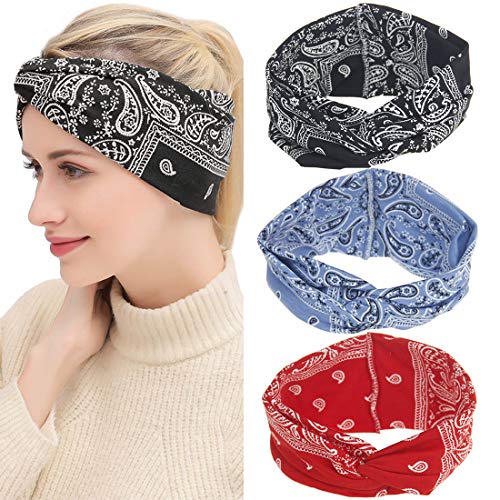 3 Pack Boho Headbands for Women Cross Elastic Hair Band Stretchy Headwraps Yoga Running Exercise Sports Workout Hair Bands