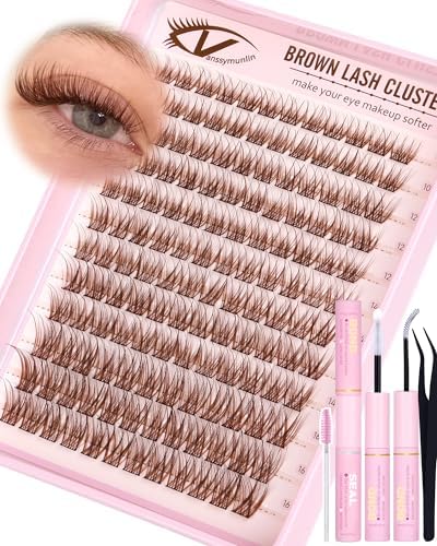 Brown Wispy Lash Clusters Kit Natural Eyelashes Clusters 10-16mm Cluster Eyelash Extensions C Curl Cluster Lashes DIY Eyelash Cluster Waterproof Individual Lash Extension Kit with Brush