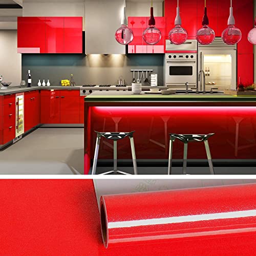 Image of WALLMATE Red Peel and Stick Wallpaper Self-Adhesive Removable Wallpaper Thicken Waterproof Wallpaper for Kitchen Countertop Cabinet (2 Feet by 10 Feet, Glitter Red Wallpaper)