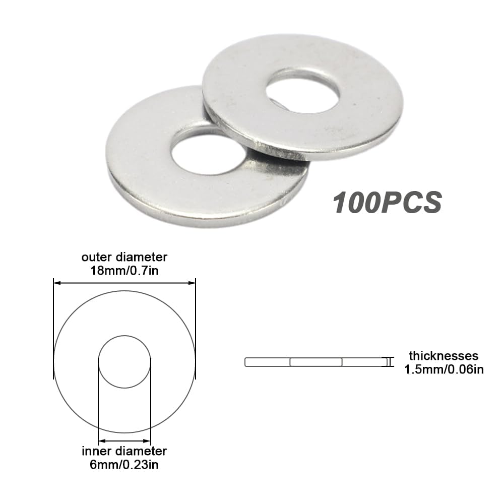 KineticKraft M6 Washers, 100 Pieces M6 x 18 mm Penny Washers, 304 Stainless Steel Washer, A Thick Flat Washer - Image 2
