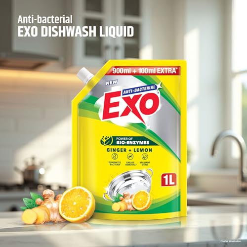 Image of Exo Dishwash Liquid Refill Pack | Ginger & Lemon | Tough Grease Removal for Utensils | Anti-Bacterial Dishwashing Liquid | Bio-Enzyme Liquid Dishwash | No Residue Cleaning - 1L
