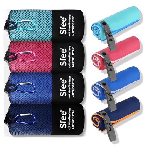 Sfee 4 Pack(8Pcs) Microfiber Travel Towel, Quick Dry Beach CampingTowel Super Absorbent Compact Lightweight Sport Gym Towels for Beach, Gym, Hiking, Pool, Backpacking, Bath, Yoga(L:60"*30"+24"*15")