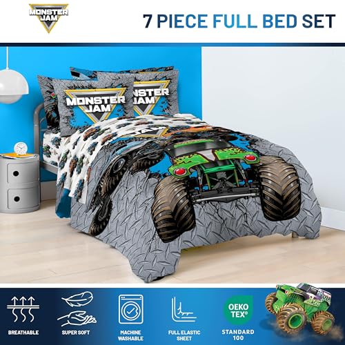 Image of Monster Jam Full Size Comforter Set 7 Piece Kids Bedding for Boys, Gray