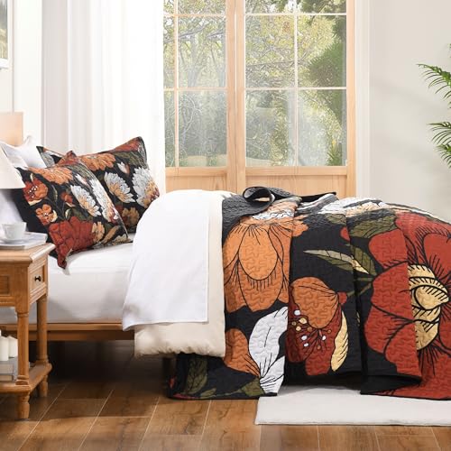 Image of Andency Floral Boho Quilt Super King Plus Size Bedding Set Black, 3 Pieces Farmhouse Flower Botanical Summer Bedspreads with 2 Shams, Soft Reversible Polyester Coverlet Set for All Season, 128 inchx120 inch