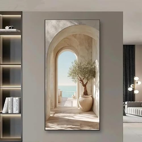 LMYSXAOZ Coastal Mediterranean Olive Tree Arch Canvas Print Painting Greek Island Inspired Beige White Vibe Wall Art Home Decoration(60X120cm)