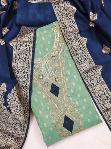Image of Sidhidata Women's Shimmer Zari Butty With Multi Sequence Embroidered Unstitched Dress Material With Banarasi Silk Dupatta (DM Shimmer Free Size)