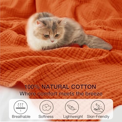 Image of 100% Cotton Muslin Blanket Large 50 inchx 70 inch, 6 Layers Breathable and Lightweight Cotton Throw Blankets for Couch, Soft Cooling Summer Gauze Blanket for Adults All Season, Orange