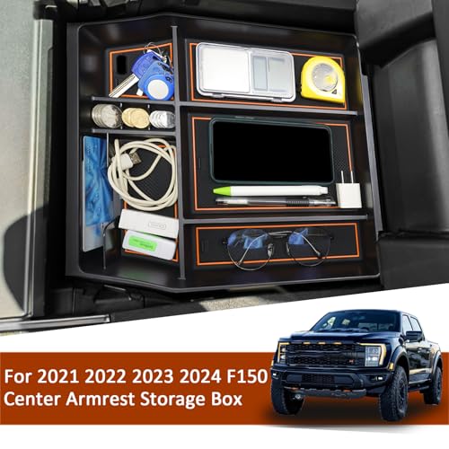 SENSHINE Center Console Organizer Tray for Ford F150 2021 2022 2023 2024 Accessories Interior Secondary Storage Armrest Box Insert Hidden Cubby Drawer (Full Console w/Bucket Seats ONLY) (Orange Trim) by SENSHINE - Used condition - Image 5