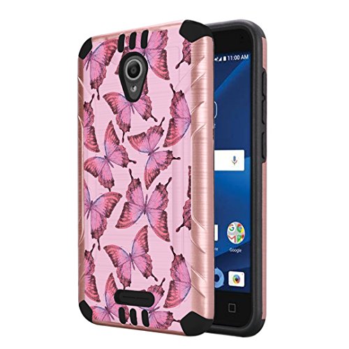 Capsule Case Compatible with Alcatel IdealXcite, Alcatel Verso, Alcatel CameoX, Alcatel Raven LTE, [Dual Layer Slim Defender Armor Combat Case Rose Gold] - (Pink Butterfly Pattern)