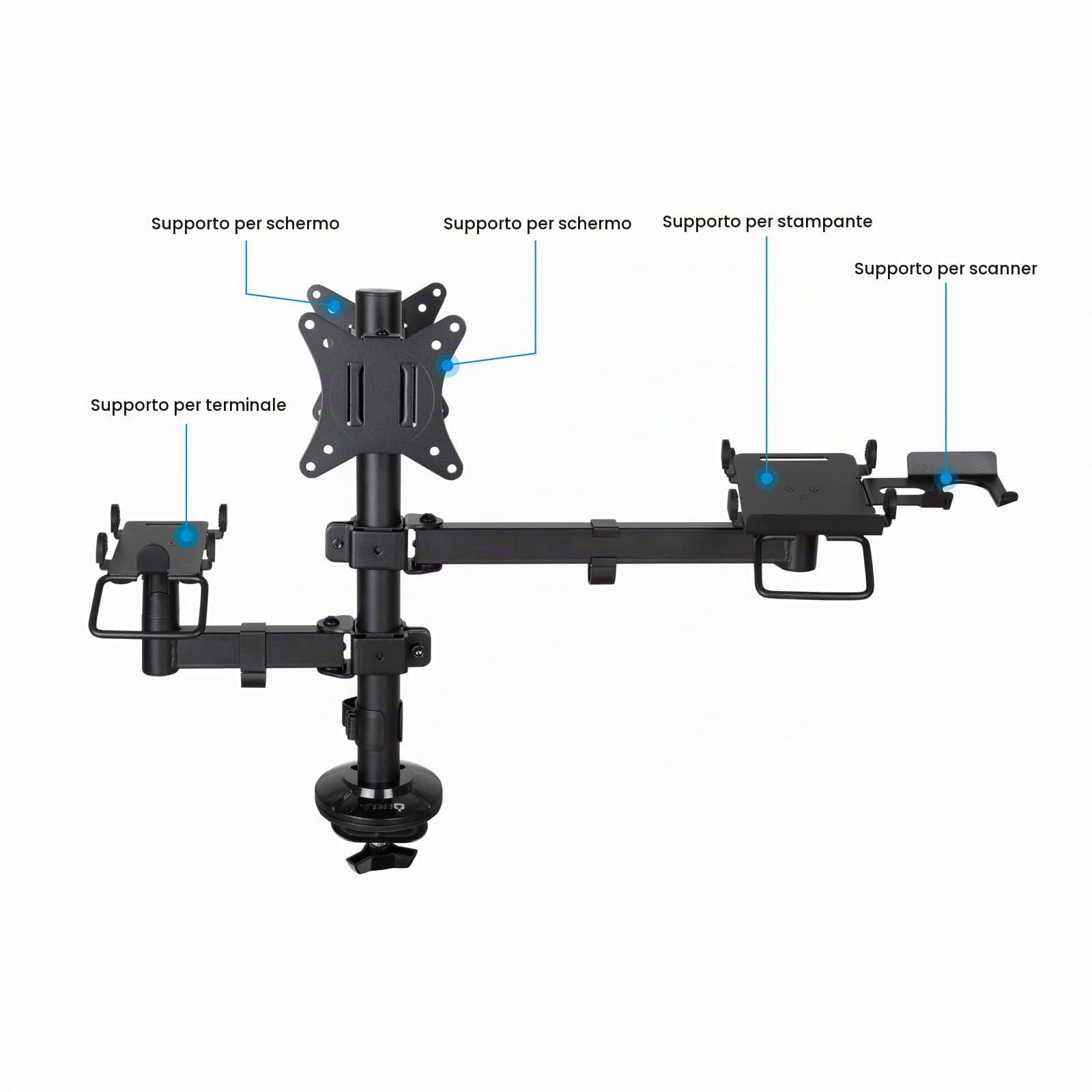 TooQ TQPM0002 - Supporto da tavolo regolabile per POS, consente l'installazione della stampante + 2 schermi da 17"-32" + terminale con lettore, nero