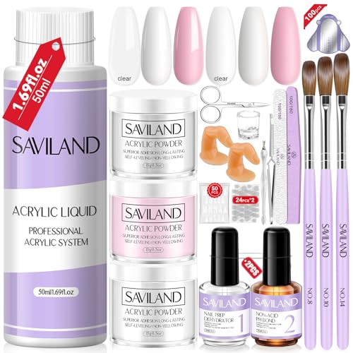 Saviland Kit acrylique pour Ongle Debutant: 3 Poudre Acrylique (Blanc, Rose, Clair), 50 ml Liquide Acrylique, Nail Primer, Déshydratant pour Ongles, 3...