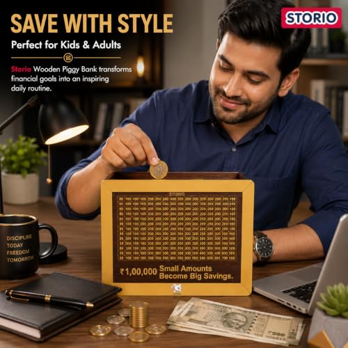 Image of Storio Wooden Piggy Bank with Counter |100000 Money Saving Box | Money Bank for Kids & Adults | Carved Savings Box, Wooden Coin Box, Mini Money Saver Bank for Home & Office Use