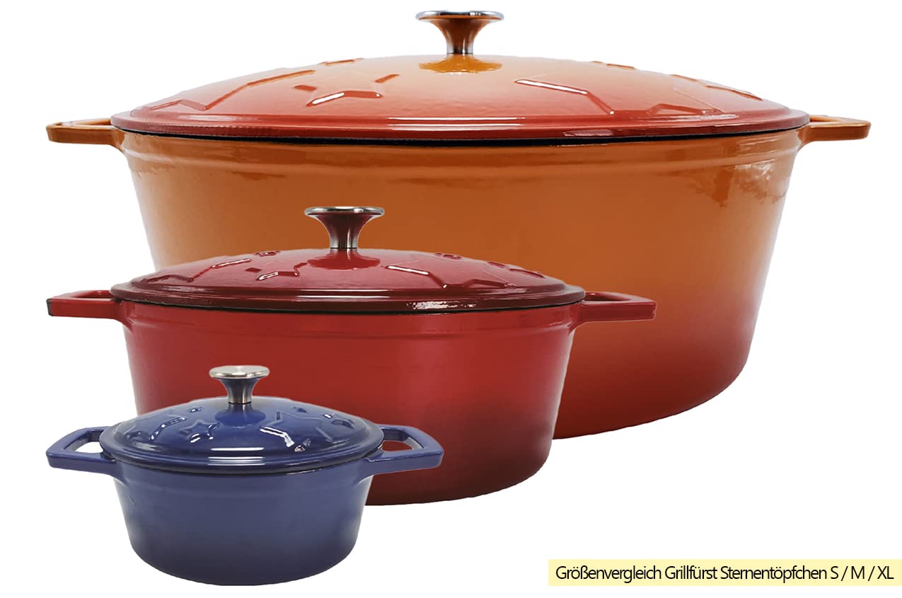 Grillfürst Dutch Oven Sternentöpfchen 1,2 Liter - blauer Gusseisen Bräter mit Henkeln und pflegeleichter Emaillierung, ovaler Schmortopf für Grill und Herd