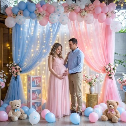 Image of HILAVO Pink and Blue Balloons, 60PCS 12 Inch Pastel Baby Pink and Blue | Gender Reveal Balloons Bow Print Balloon for Boy or Girl Gender Reveal Decorations Bear Bow Baby Shower Party Decoration