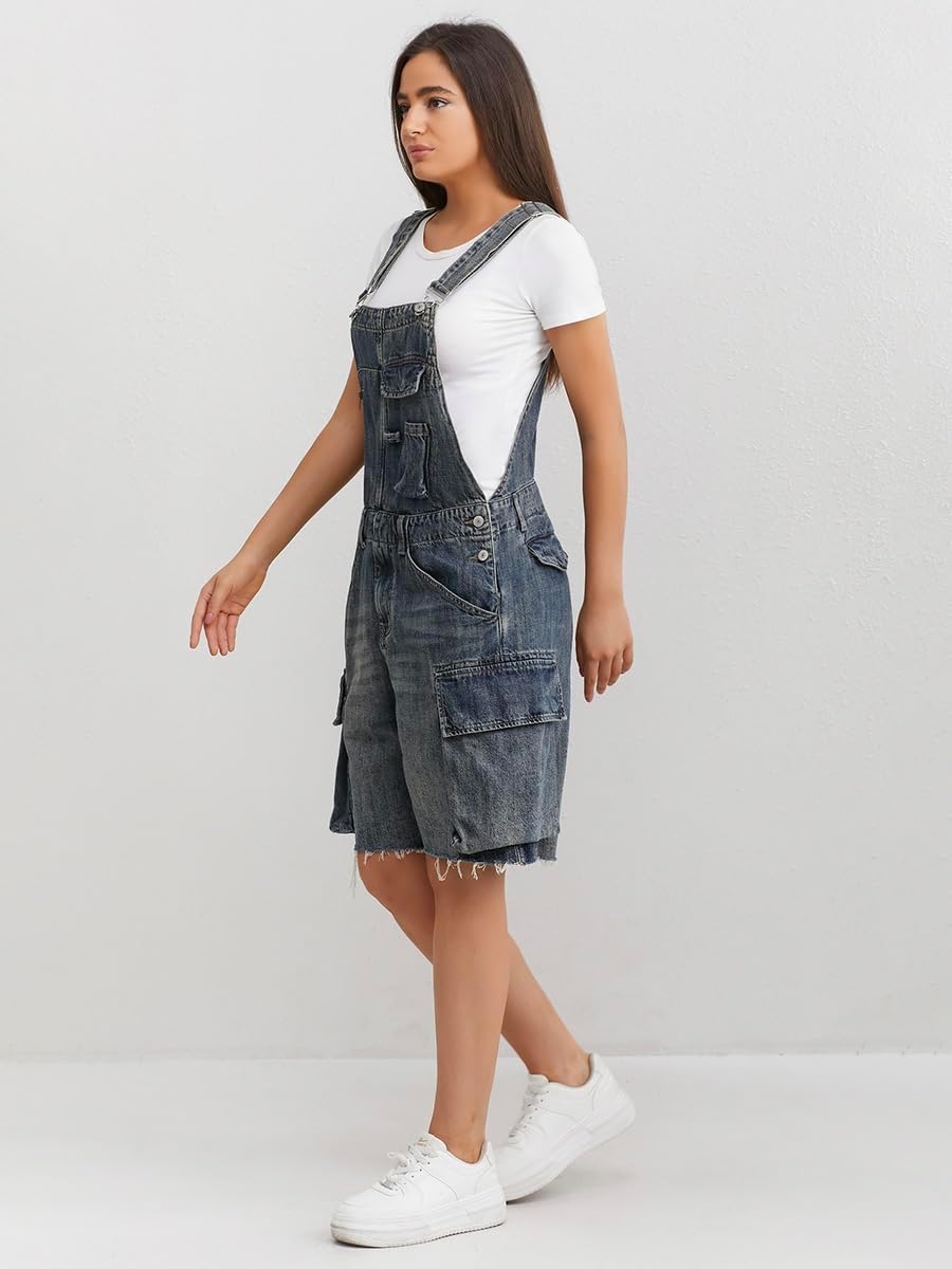 MADEPANTS Women's Loose Fit Denim Cargo Overall Shorts with Raw Hem