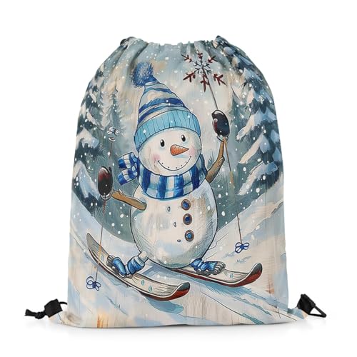 jejeloiu Snowman Drawstring Backpack for Merry Christmas Drawstring Bags 13"x15.7" Merry Christmas Tree and Snowman Sports Drawstring Sackpack Wooden Waterproof Cinch Bag3
