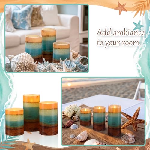 Image of Tujoe 3 Pcs Summer Ocean Flameless Candles Teal Beach LED Battery Pillar Candles Set Battery Operated Coastal Nautical Decorations Flickering Gifts with Remote Decorations for Holiday