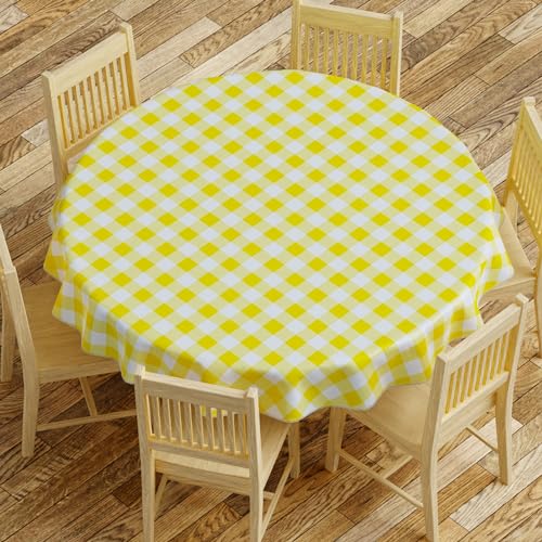 sorfey tablecloth - vinyl with flannel back, 70" round, water proof, easy to clean, checked yellow design