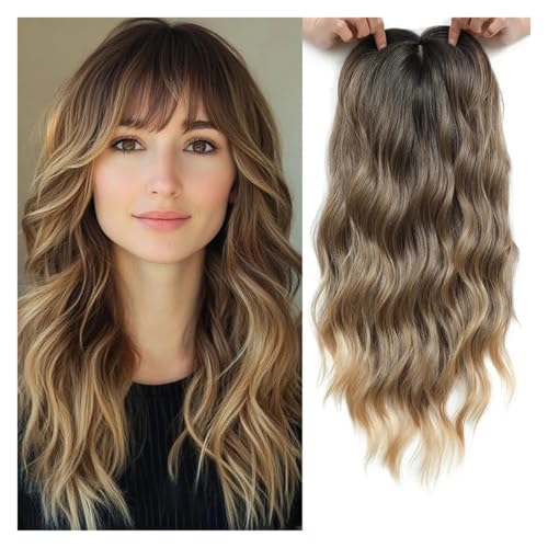 XIANGMLING Topper de pelo sintético ondulado marrón con flequillo de longitud larga mezcla Natural Clip en postizo for mujeres(Color7)
