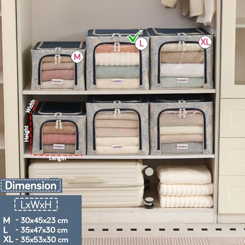 Image of HOKIPO Clothes Storage Box, 600D Oxford Fabric Organiser for Wardrobe, Blue Blossom - Large Pack of 2 (AR-6489-BLU*2)