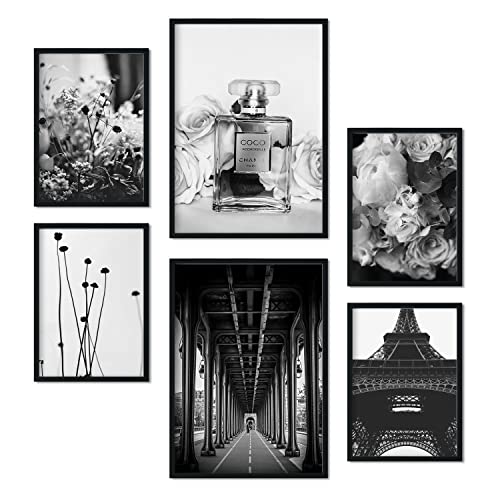Nacnic | Set de 6 affiches murales : Paris & élégance | affiche decoration murale | Tour Eiffel, parfum, fleurs, architecture | Noir et blanc chic | A3 et A4 sans cadres | Tableau Decoration