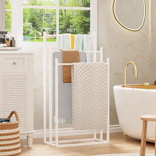 Image of Lukzer Premium Metal Towel Rack | 3-Bar Sturdy Free-Standing Garment Organizer Stand | Multi-Functional & Versatile for Towels, Clothes, and Accessories (MGS-007 /White /45x22x85 cm)