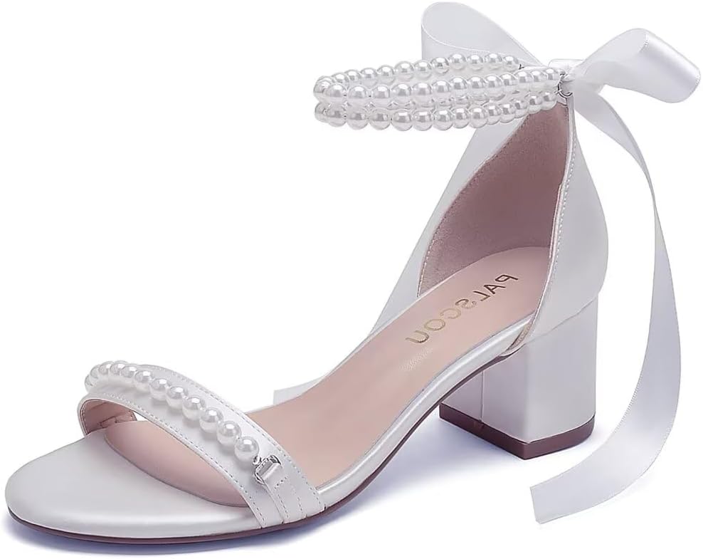 PALSCOU Block Heel Wedding Sandals, Pearl Embellished Ankle Strap, Low Heel Bridal Shoes for Women, Size EU 36-41