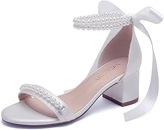 Block Heel Wedding Sandals, Pearl Embellished Ankle Strap, Low Heel Bridal Shoes for Women,