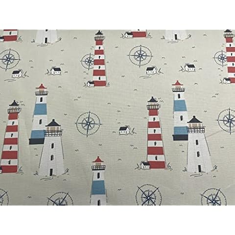 Lighthouse & Seaside Nautical Blue/Cream/Red 140cm/54" Curtain Craft Upholstery Fabric (Metre) Cover