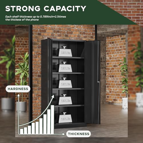 Image of Greenvelly Metal Storage Cabinet, 72 inch Black Metal Locking Storage Cabinet with Doors and 4 Adjustable Shelves, Large Steel Cabinet for Home Office, Garage, Shop, School (32 inch W x 16 inch D)
