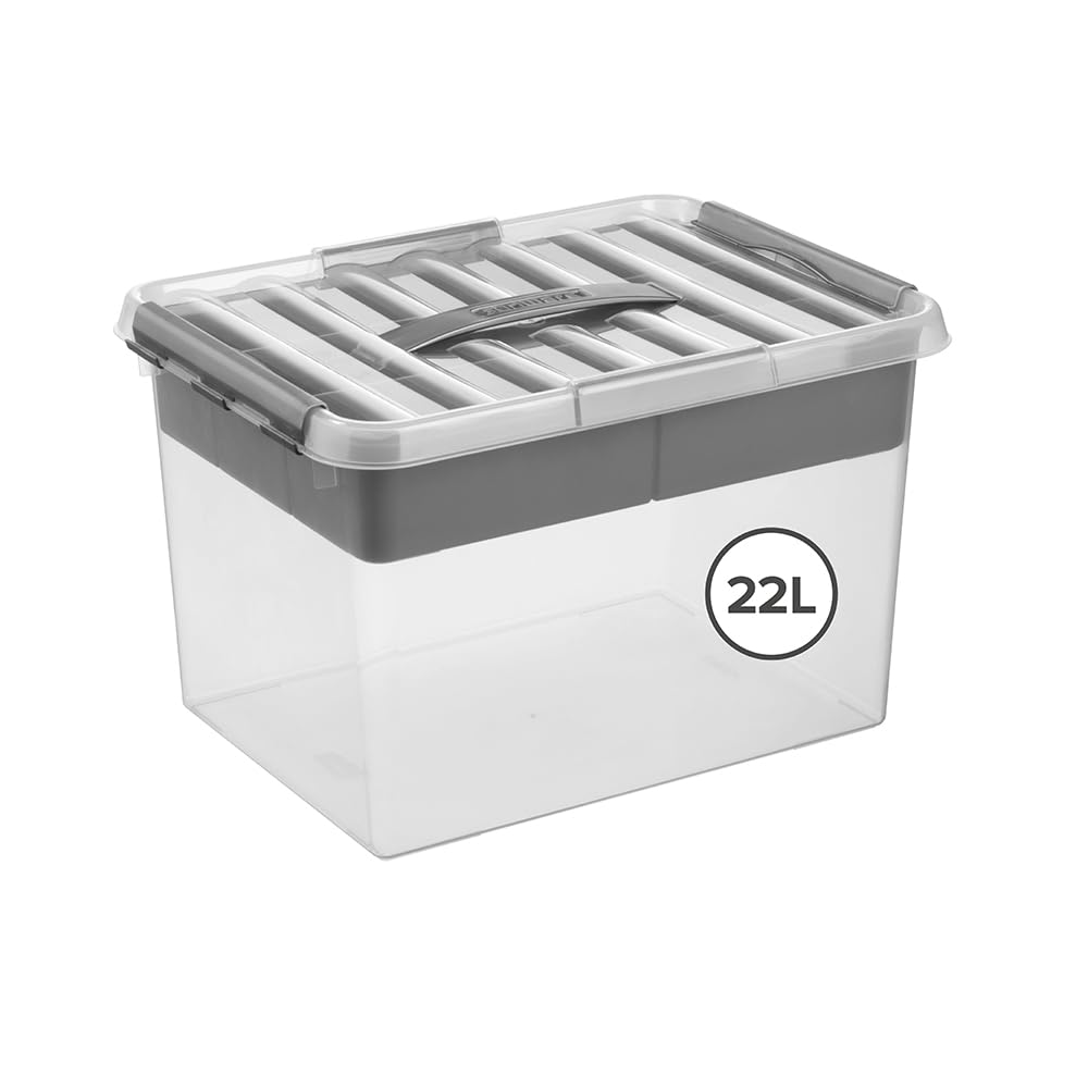Sunware Q-line Scatola Plastica con Coperchio 22L – 40x30x26cm – Box Portaoggetti Impilabile con Inserto – Contenitore Plastica Trasparente