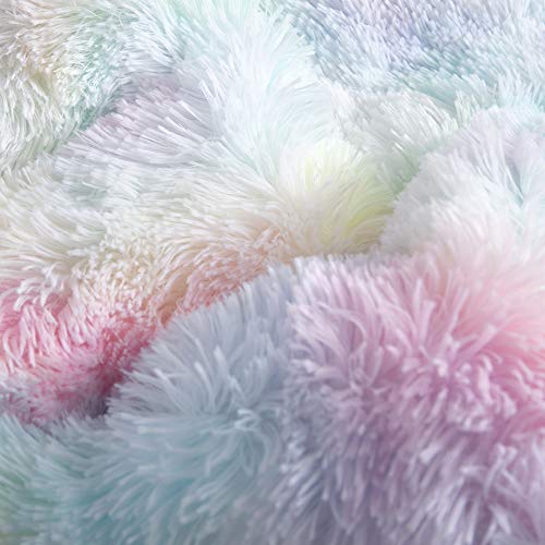 Wajade Faux Fur Plush Rainbow Comforter Set Fluffy Fuzzy Shaggy Bedding Set - 3Pc Full Size Microfiber Soft Warm Quilt Set #TOP3