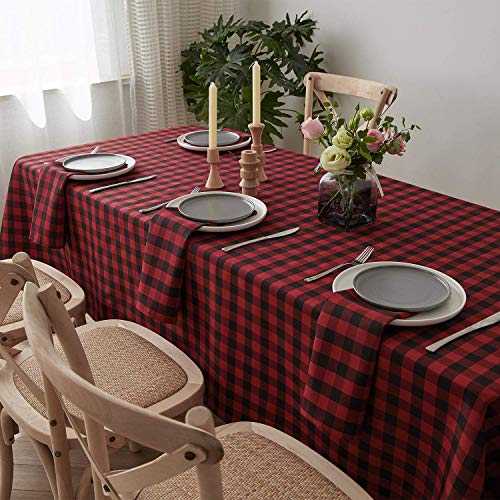 VEEYOO Spillproof Checkered Tablecloth Polyester Stain Resistant Wrinkle Free and Waterproof Table Cloth for Outdoor Picnic,Party, Home Dinner (Rectangle Tablecloth, Black & Red, 60x102 inch)