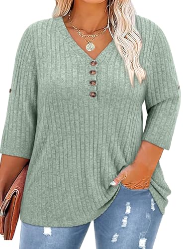 Image of Koscacy Women Plus Size V Neck 3 /4 Roll Sleeve Sweater Casual Knit Tops Solid Color Blouses