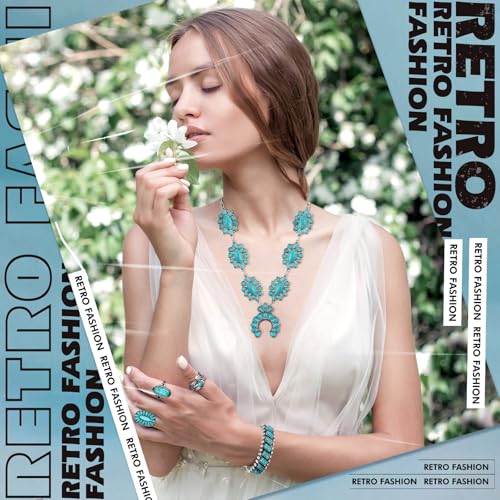 Image of Ecally Bohemian Western Jewelry Turquoise Set Women Country Pendant Long Choker Layered Bracelets Earrings Ring for Women