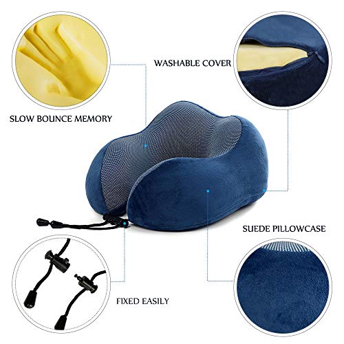 Travel Pillow - Memory Foam Neck Pillow with 360 Head & Neck Support Comfortable for Long Flight, Airplane, Train, Reading, Working, Ergonomically (Blue)