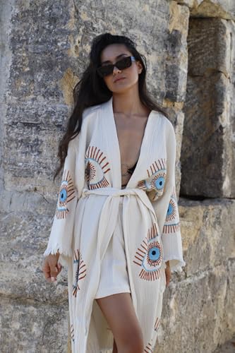 Fringes Muslin Kimono, Evil Eye Cotton Robe, Cotton Kaftan4