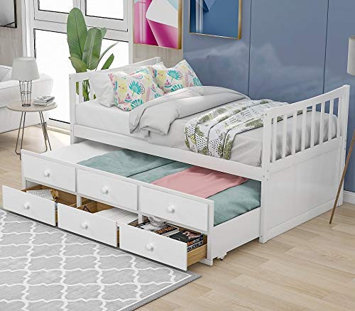 Danxee Kids Captains Bed Twin Daybed with Trundle Bed and 3 Storage Drawers No Box Spring Needed for Kids Guests (White)