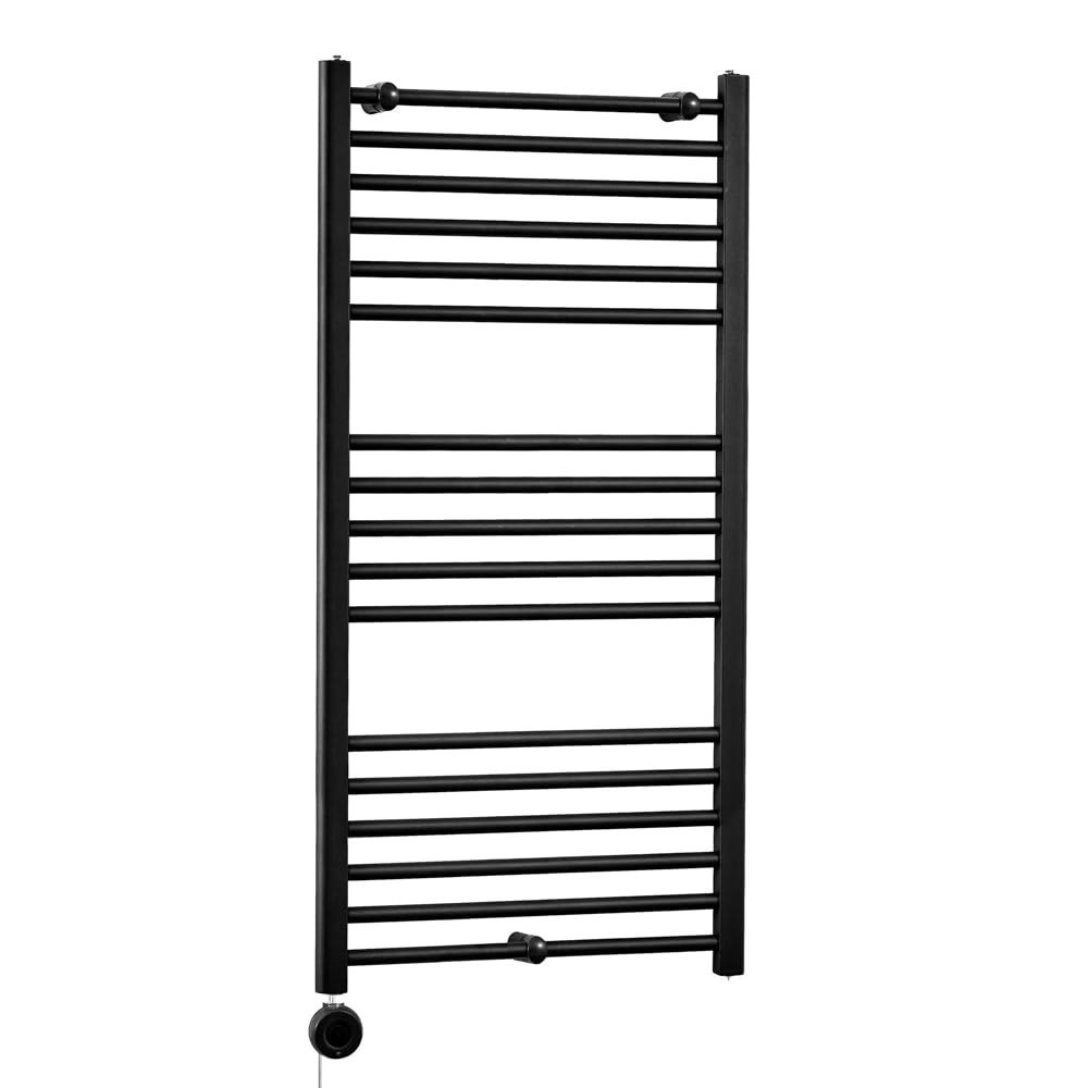 Milano Nero 600W Black Straight Bar Electric Heated Towel Rail ECOSO WiFi Element - 1200mm x 600mm