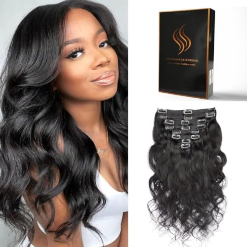 Tandulo Clip in Hair Extensions Real Human Hair Body Wave 1B Natural Black Clip in 100% Brazilian Remy Human Hair Extensions 8pcs Per Set with 18 Clips Double Weft 16 Inch 90g/3.6oz