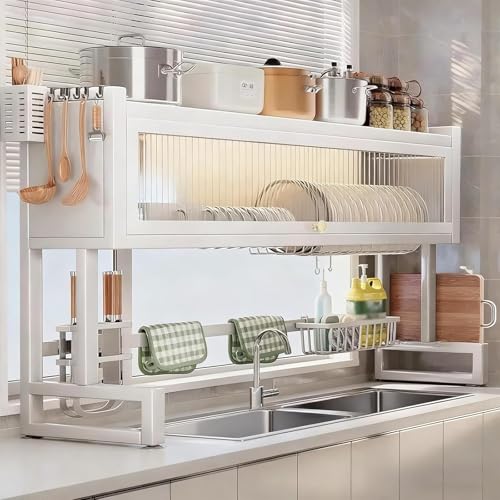 Abtropfgestell für die Spüle, mit Abdeckung, platzsparender Küchen-Organizer für Geschirr, Schüsseln und Besteck (schwarz, 95 cm), langlebiges und stilvolles Design, passend für die meisten Spülbecken