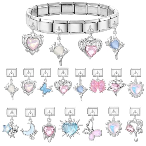papasgix Italian Charm Bracelet Charms Silver Set Links Bulk with Opening Tool 9mm Italian Charms Blue Pink Pendants Italian Modular Bracelet Links Handmade DIY Jewelry2
