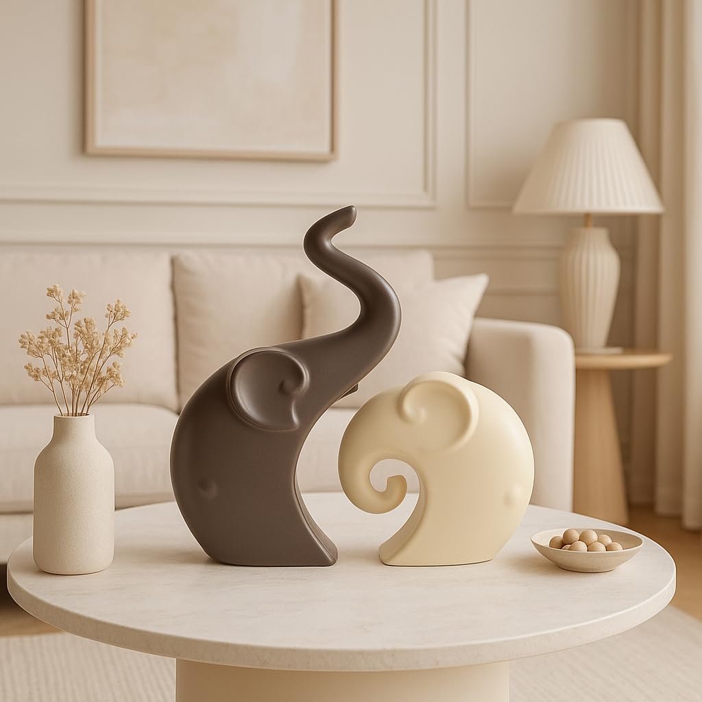 LADROX Lavish Matte Home Décor Elephant Set | Ceramic Figurines - (Set of 2 Piece, Brown Cream)