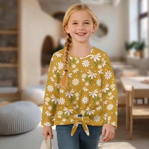 Xoenoiee Girls Long Sleeve Shirt 5-12 Kids Crewneck Fall T-Shirts Trendy 3D Graphic Tie-Hem Cute Tees4