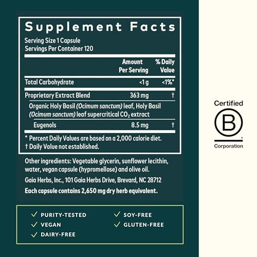 Gaia Herbs Holy Basil Leaf - Traditionally Used to Support Stress Response - Adaptogenic Ayurvedic Herb* - 120 Vegan Liquid Phyto-Capsules (60-Day Supply) - Image 4