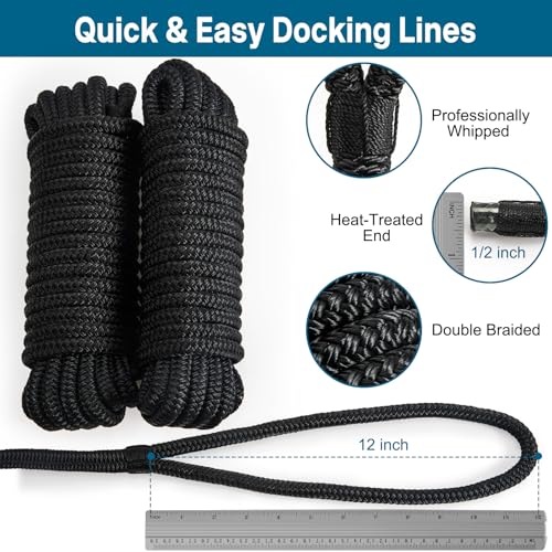 Image of 2 Pack 1 /2 inch x 20' Boat Dock Lines for Boat & Pontoon, Premium Marine- Grade Double Braided Nylon Boat Lines, Pre-Spliced with a 12 inch Eyelet-Black,Boating Gifts for Men.