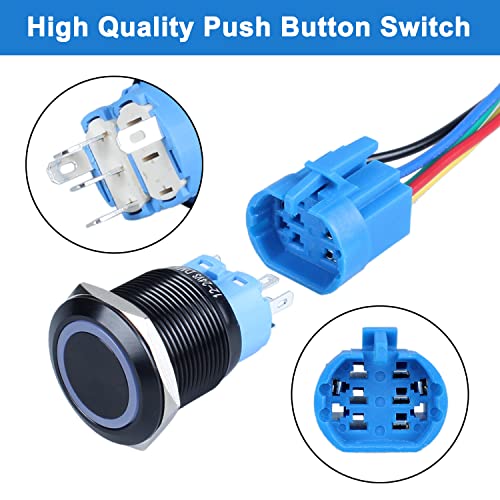 Image of 2PCS 22mm Metal Latching Push Button Switch Waterproof Anti-Vandal Black Shell with Pre-Wired Socket for 7 /8 inch Mounting Hole 12V-24V ON Off 1NO 1NC Halo Ring Red LED