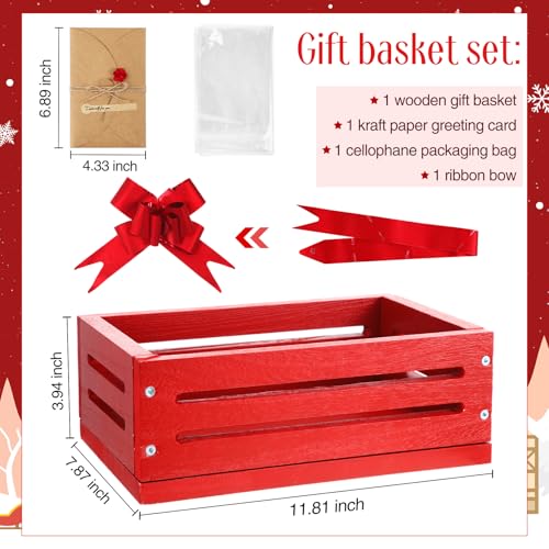 Image of Wonderjune Wooden Baskets for Back to School Gifts Empty Wood Basket with Cellophane Bag Ribbon Greeting Card for Birthday Baby Shower Wedding Housewarming Gifts Packaging(Red,Small)