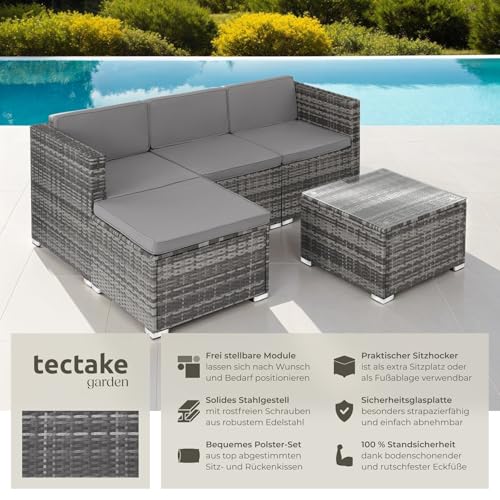 tectake® Poly Rattan Lounge, Outdoor Sitzgruppe, Set mit Sofa Sessel, Hocker, Tisch, frei kombinierbar, Sitzecke für 3-4 Personen… – Ansicht 2